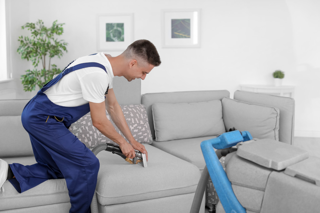 A professional deep cleaning a sofa