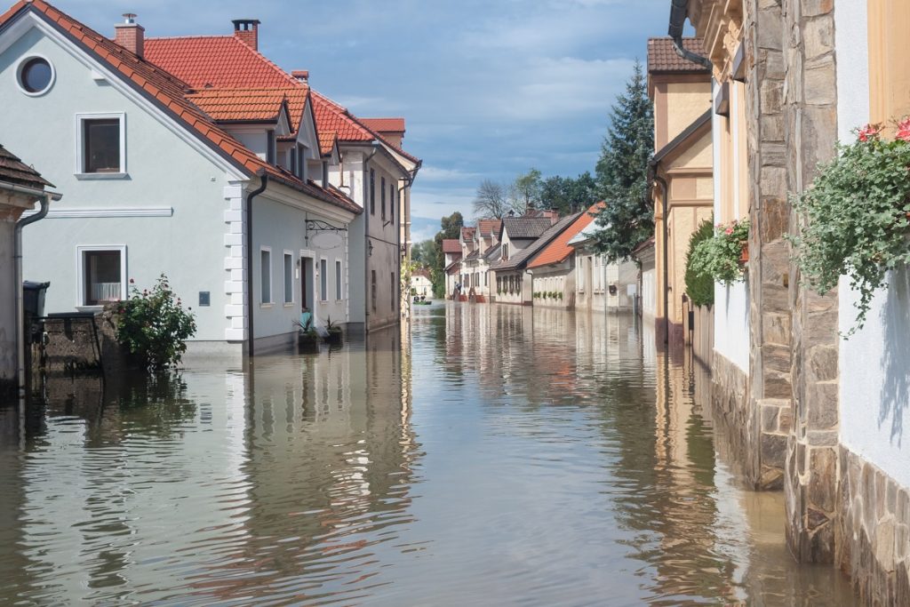 rural village houses in floodwater