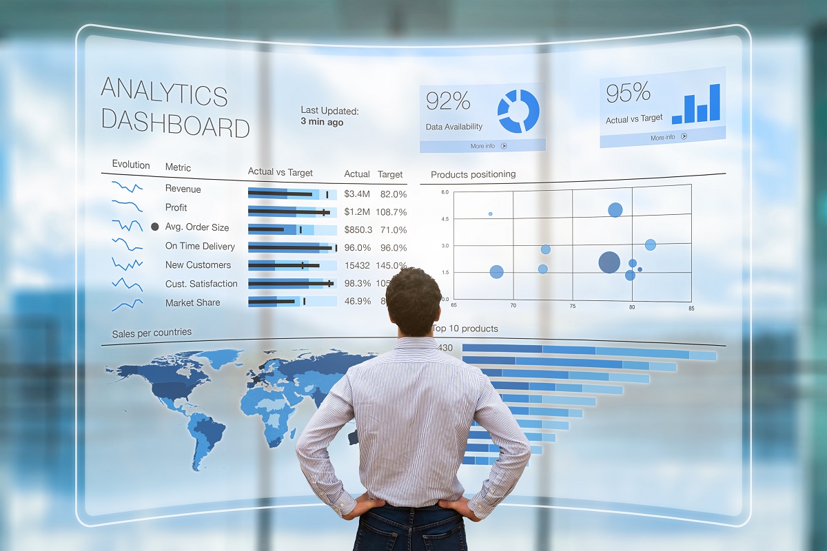 business looking at hologram displaying key performance indicators